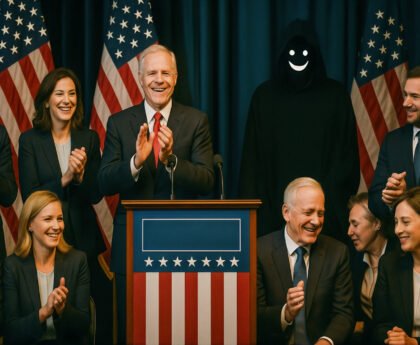 Politici lachen en applaudisseren terwijl een figuur met een grijnzend masker op de achtergrond staat