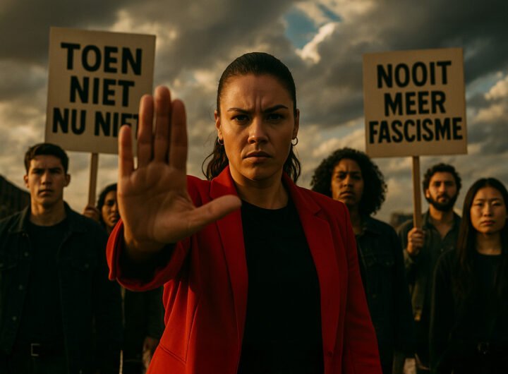 Activisten houden protestborden omhoog met teksten tegen fascisme