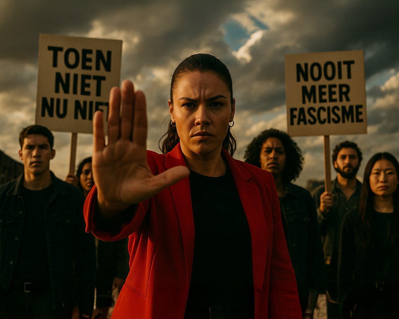 Activisten houden protestborden omhoog met teksten tegen fascisme