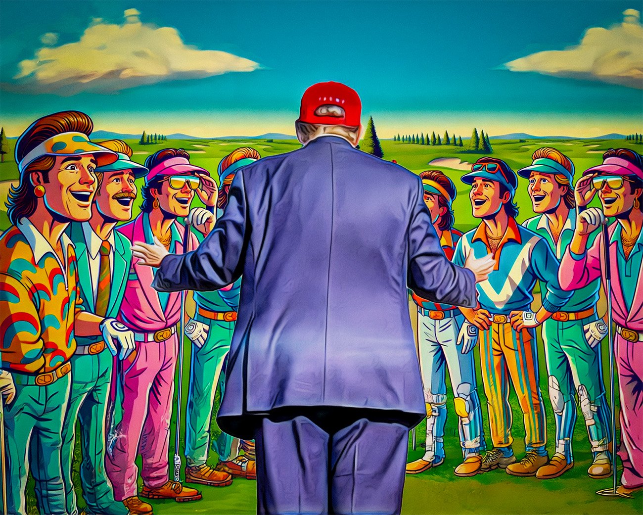 Donald Trump houdt een toespraak tegenover een groep lachende golfers in kleurrijke outfits, in een cartoonachtige stijl.