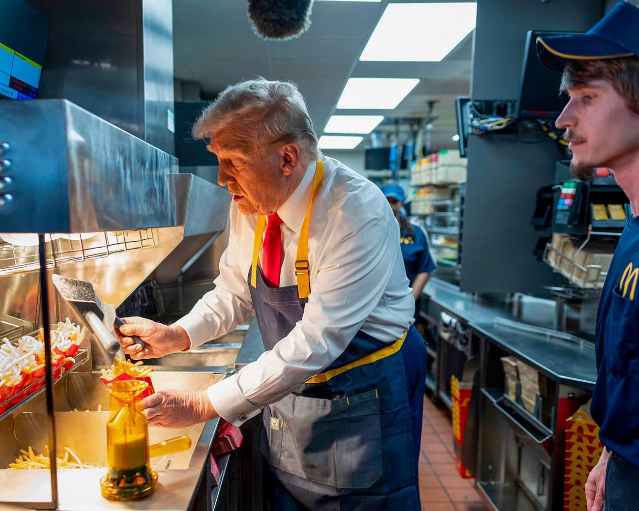 Donald Trump werkt bij McDonald’s en schept friet tijdens een PR-evenement.