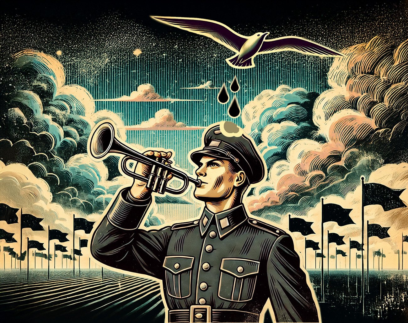 Illustratie in 1930s propaganda-stijl met een man in uniform die op een trompet blaast, een meeuw boven hem, zwarte vlaggen aan de horizon en gestileerde wolken.