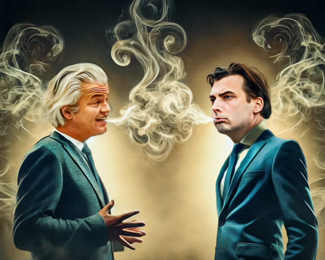 Geert Wilders en Thierry Baudet in gesprek, met rook die hun woorden symboliseert, verwijzend naar de vervorming en manipulatie in het politieke debat.