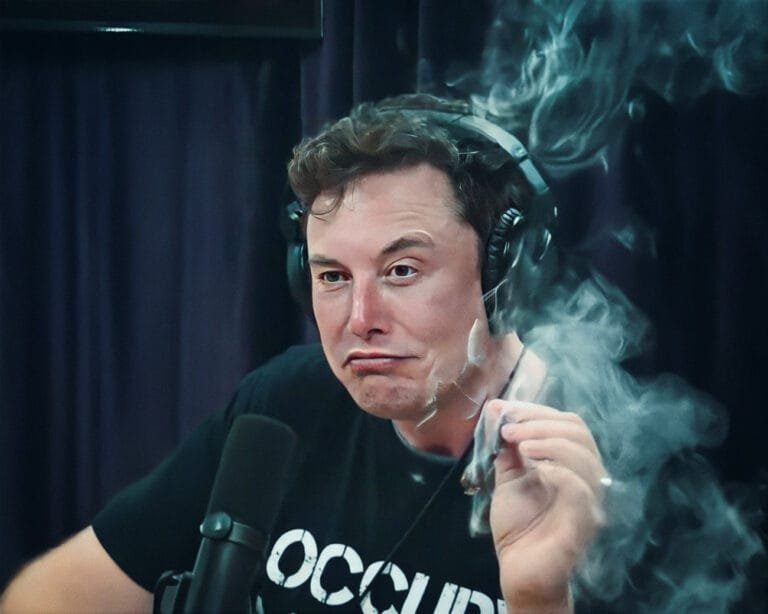 Elon Musk rookt een joint tijdens een podcast met een nonchalante uitdrukking, terwijl rook om hem heen hangt.