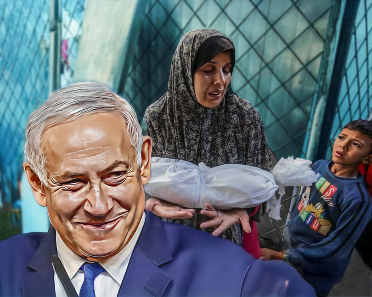 Benjamin Netanyahu met op de achtergrond een Palestijnse vrouw die haar overleden kind vasthoudt, met een jongen naast haar die verdrietig toekijkt.