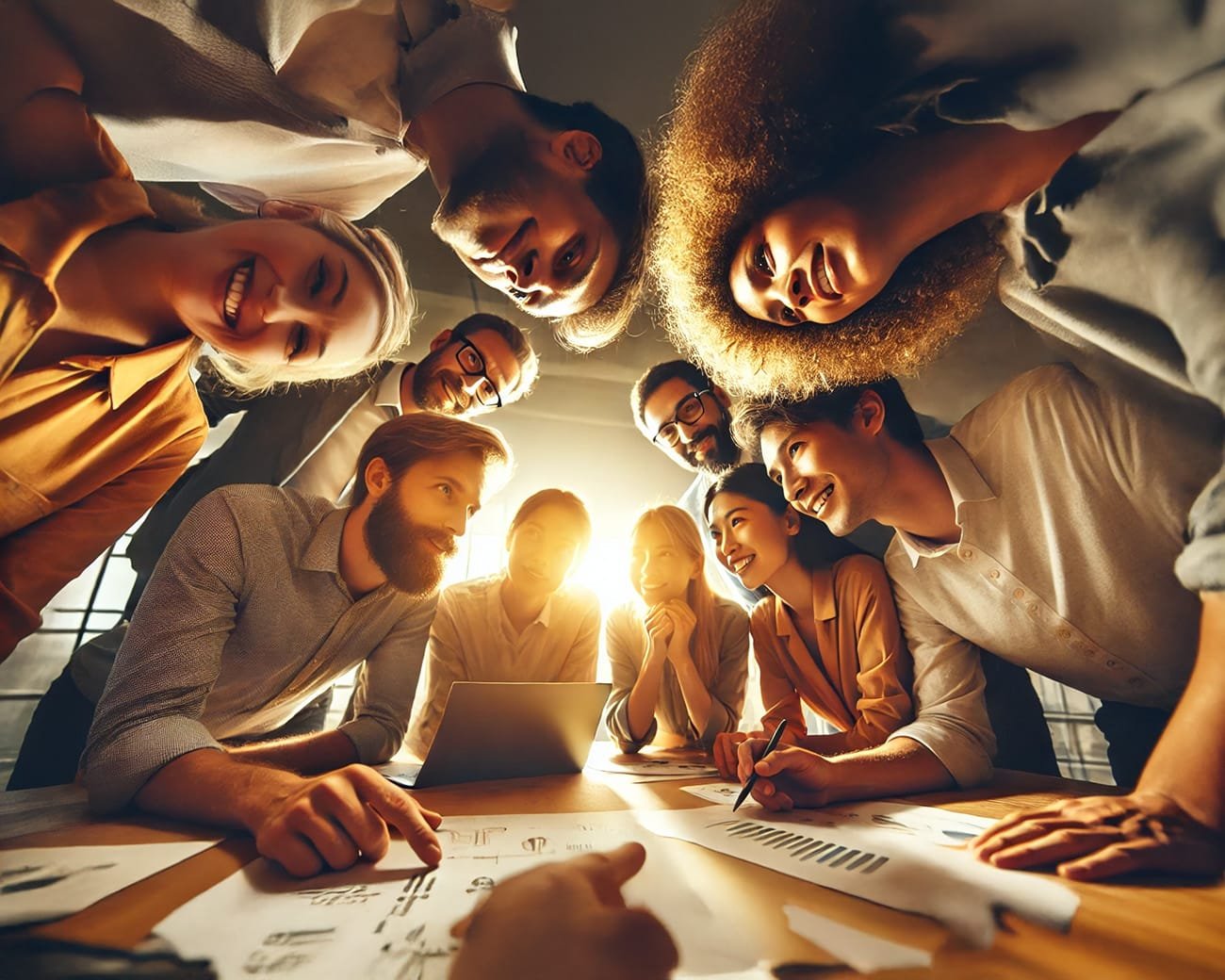 Een diverse groep mensen werkt intensief samen, vanuit een laag perspectief, met een focus op gezichten en interactie. Een laptop symboliseert moderne samenwerking in een inclusieve en inspirerende setting.