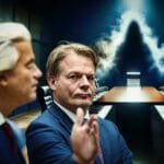 Geert Wilders en Pieter Omtzigt in een symbolische vergaderruimte, met schaduwen en verlichting die een politieke strijd suggereren.