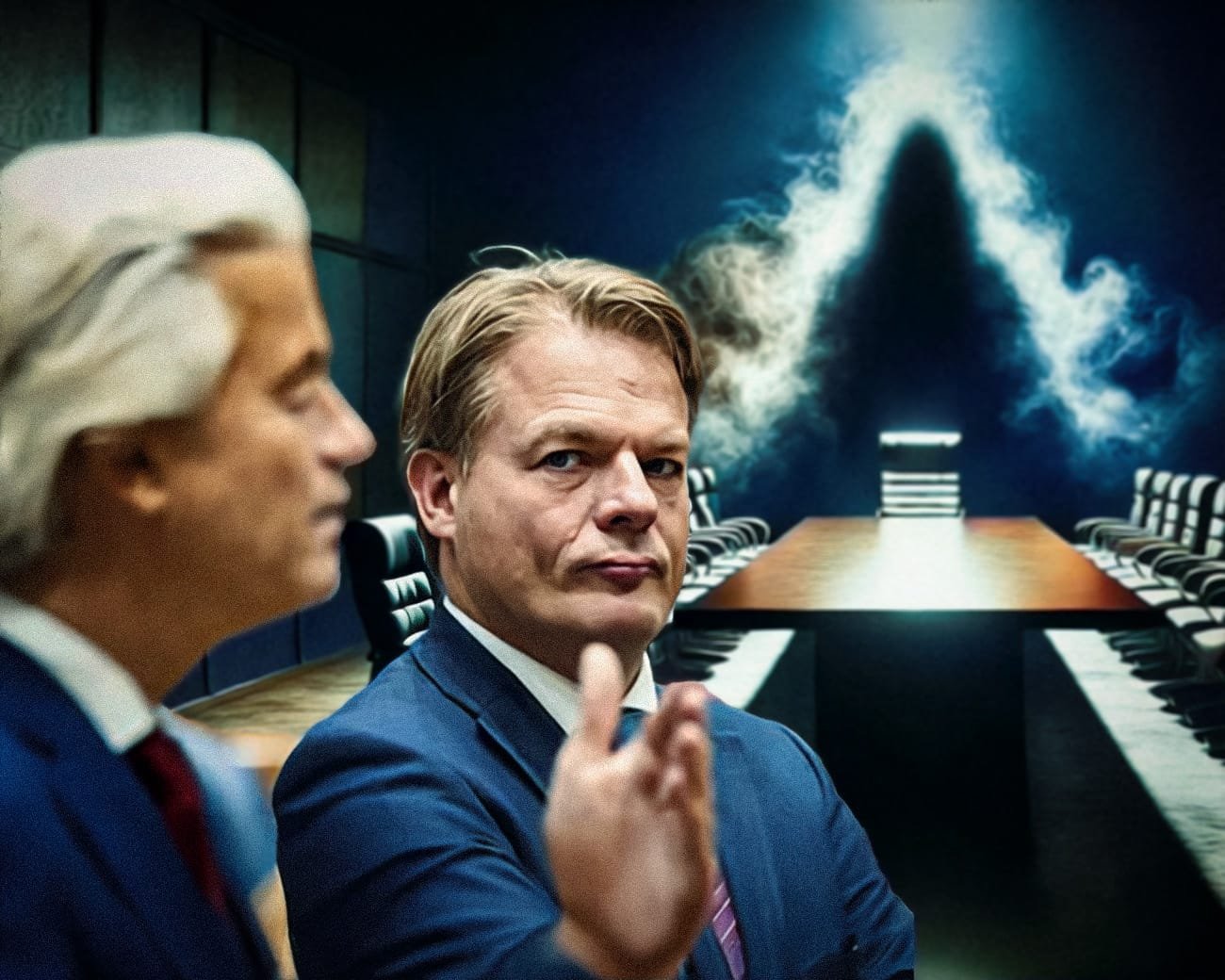 Geert Wilders en Pieter Omtzigt in een symbolische vergaderruimte, met schaduwen en verlichting die een politieke strijd suggereren.