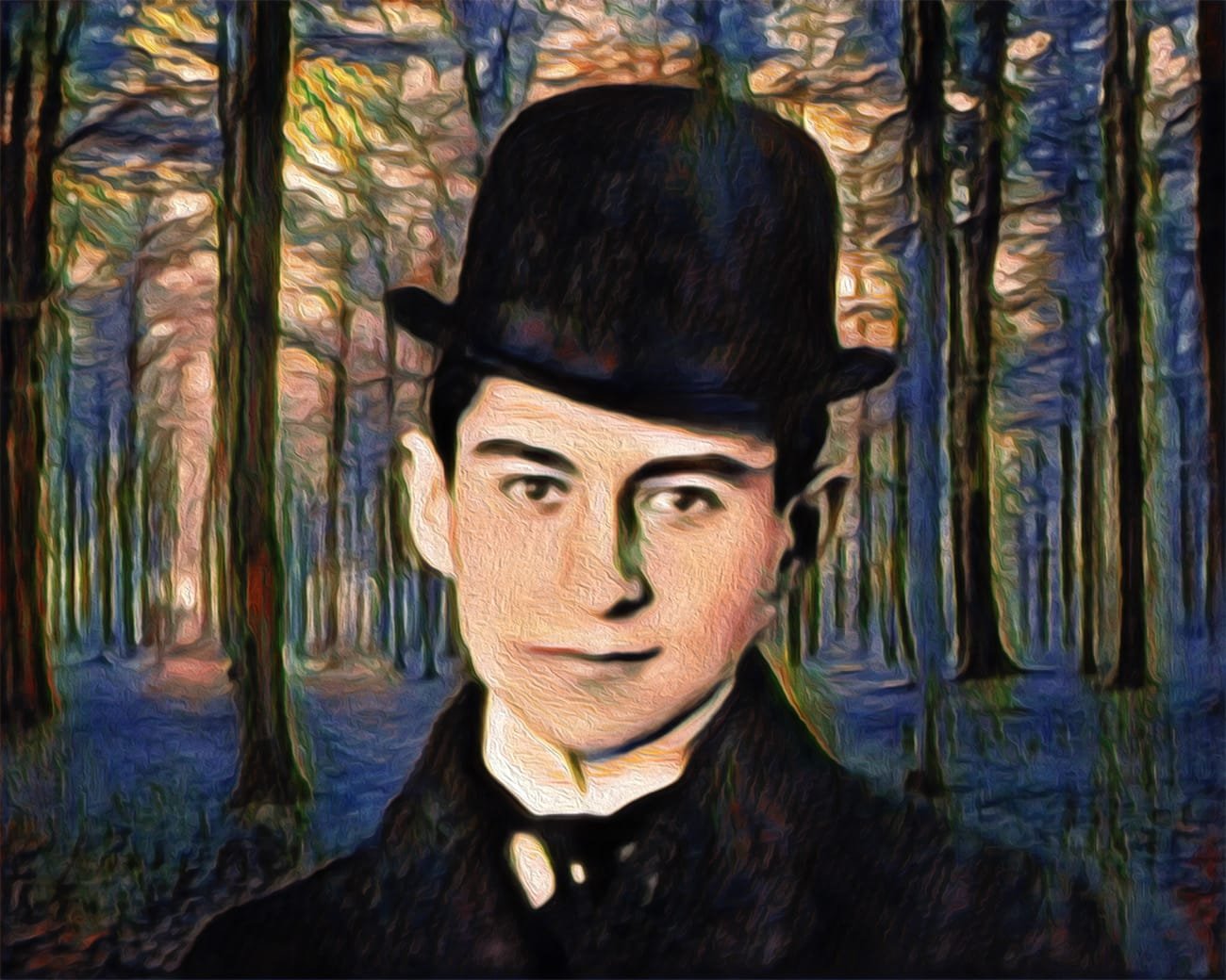 Een gestileerd portret van Franz Kafka in een bos, een visuele metafoor voor het ontmaskeren van verborgen structuren en de complexe strijd tegen extreemrechts.