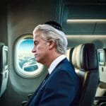 Geert Wilders in een vliegtuig, gekleed in een net pak, met een zichtbare Israëlische keppel, kijkend uit het raam.