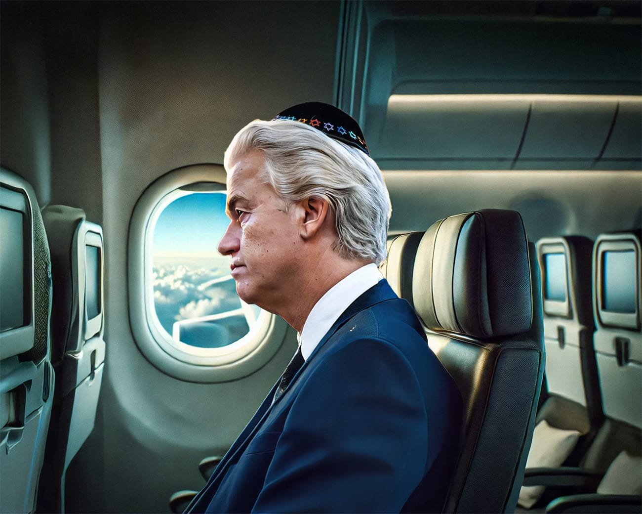 Geert Wilders in een vliegtuig, gekleed in een net pak, met een zichtbare Israëlische keppel, kijkend uit het raam.