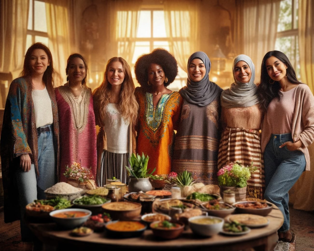 Groep vrouwen van verschillende culturele achtergronden poseert lachend voor een tafel vol traditionele gerechten, symboliserend empowerment en samenwerking door Mama’s Koelkast.