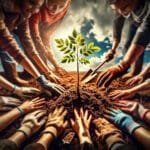 Groep mensen plant samen een jonge boom in vruchtbare grond, met een heldere blauwe lucht op de achtergrond. Het beeld symboliseert samenwerking, duurzaamheid en een hoopvolle toekomst.