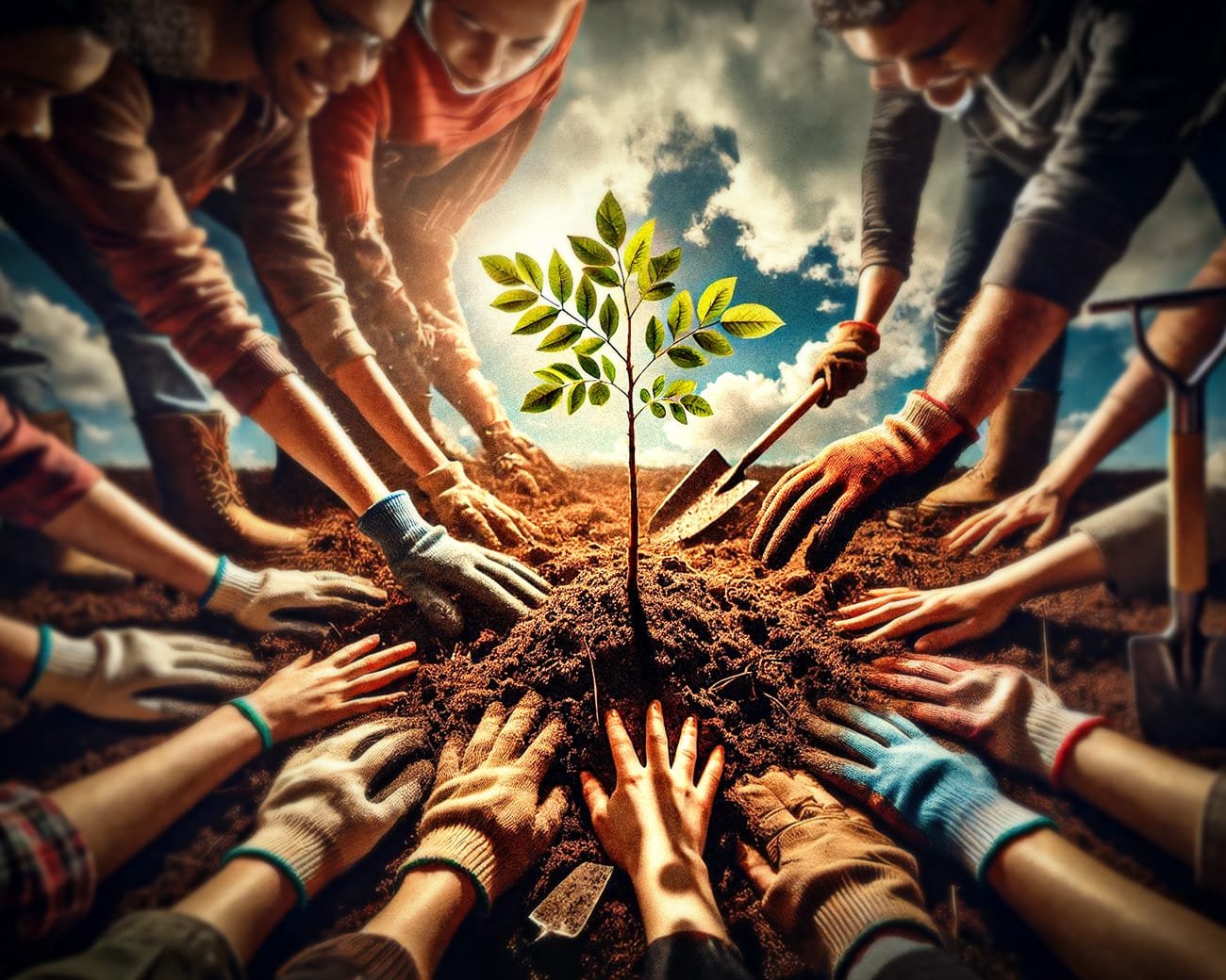 Groep mensen plant samen een jonge boom in vruchtbare grond, met een heldere blauwe lucht op de achtergrond. Het beeld symboliseert samenwerking, duurzaamheid en een hoopvolle toekomst.