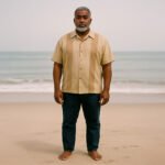 Roberto Martina staat op het strand, met de zee op de achtergrond
