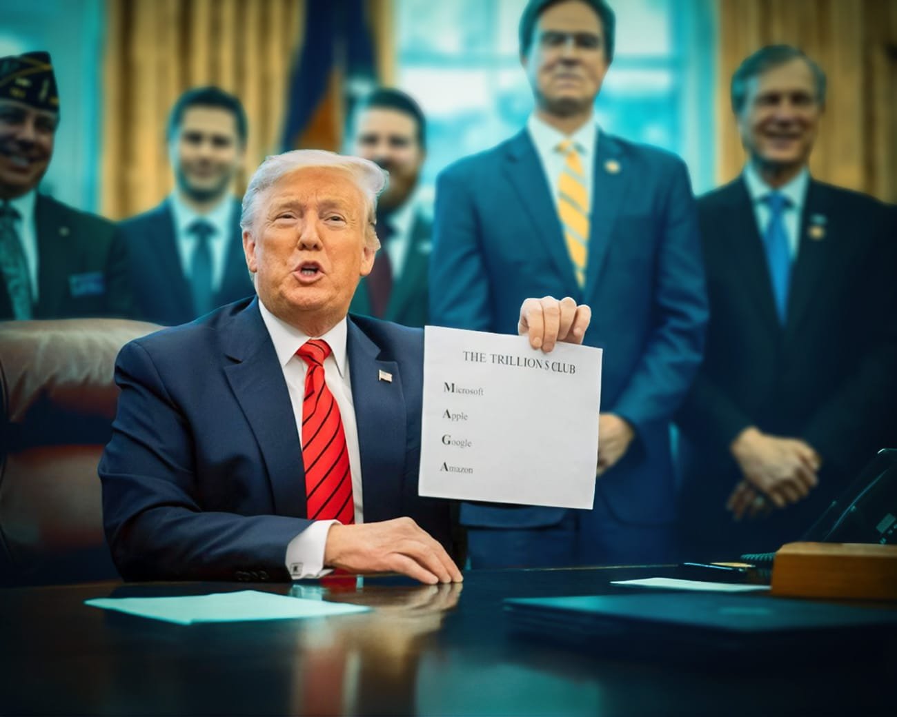 Donald Trump houdt een papier omhoog met de tekst ‘The Trillion’s Club’, omringd door mannen in pakken in een officiële setting.