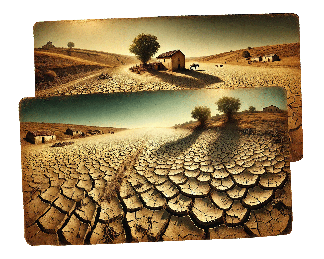 Een droog, verlaten Castiliaans landschap begin 20e eeuw, met gebarsten aarde, eenzame bomen, vervallen boerderijen en een stoffig pad onder een verzengende zon, symbool voor de poëzie van Antonio Machado.