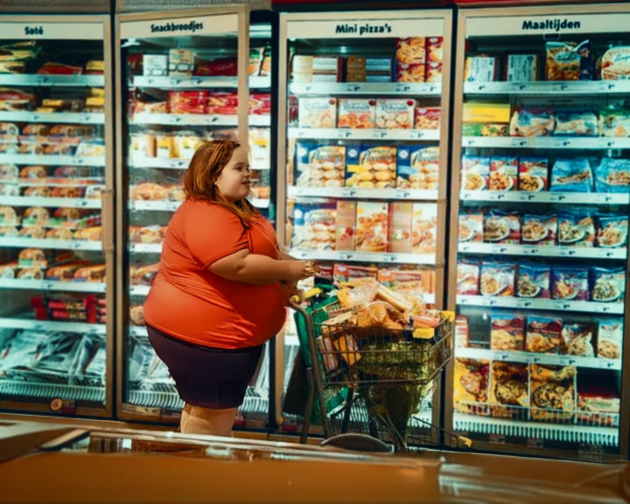 Vrouw in supermarkt met winkelwagen voor diepvriesafdeling vol ongezond bewerkt voedsel.