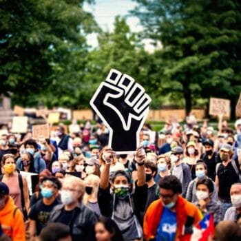 Demonstranten tijdens een Black Lives Matter-protest, met een gebalde vuist als symbool van solidariteit en verzet tegen raciale ongelijkheid.