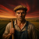 Boer met serieuze blik in landbouwveld tijdens zonsondergang, symbool voor maatschappelijke spanningen onder het kapitalisme
