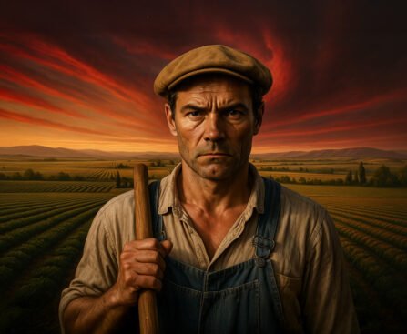 Boer met serieuze blik in landbouwveld tijdens zonsondergang, symbool voor maatschappelijke spanningen onder het kapitalisme