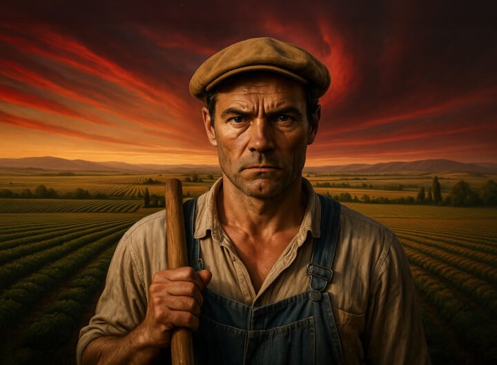 Boer met serieuze blik in landbouwveld tijdens zonsondergang, symbool voor maatschappelijke spanningen onder het kapitalisme