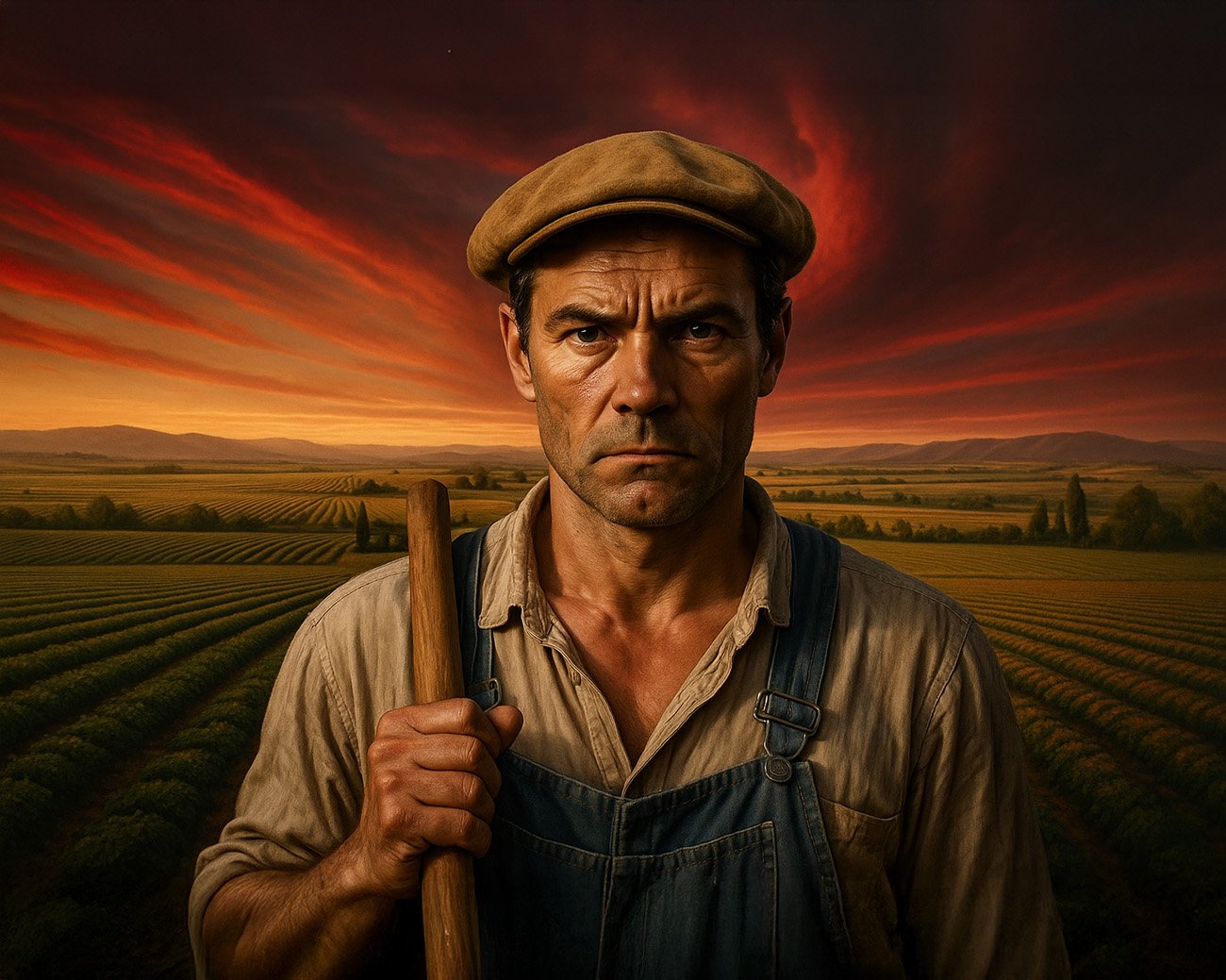 Boer met serieuze blik in landbouwveld tijdens zonsondergang, symbool voor maatschappelijke spanningen onder het kapitalisme