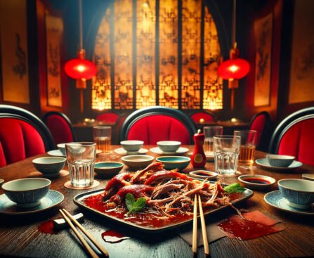 Een traditioneel Chinees restaurant met rode lampen en een tafel vol gerechten, waaronder een geserveerde eend.