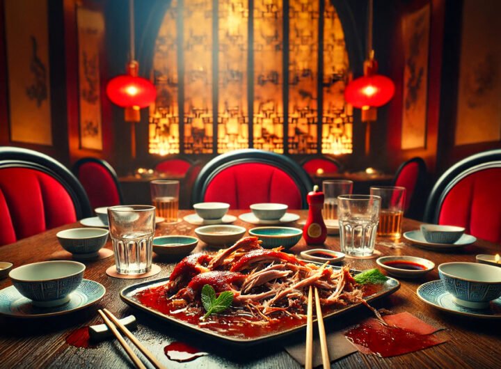 Een traditioneel Chinees restaurant met rode lampen en een tafel vol gerechten, waaronder een geserveerde eend.