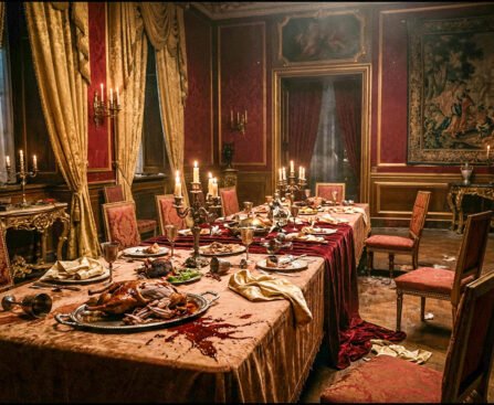 Rijk gedekte tafel in een klassieke zaal met kaarsen, half opgegeten gevogelte en gemorste saus, als symbool voor verval en machtsverlies.