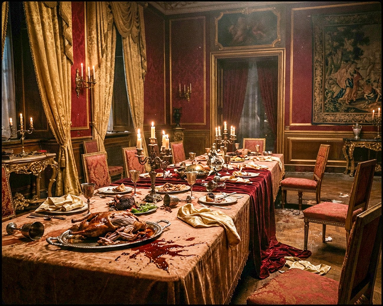 Rijk gedekte tafel in een klassieke zaal met kaarsen, half opgegeten gevogelte en gemorste saus, als symbool voor verval en machtsverlies.