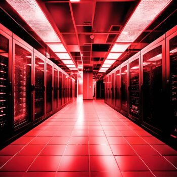 Een rood verlicht datacenter dat de macht en invloed van Big Tech symboliseert in een geopolitiek slagveld.