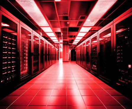 Een rood verlicht datacenter dat de macht en invloed van Big Tech symboliseert in een geopolitiek slagveld.