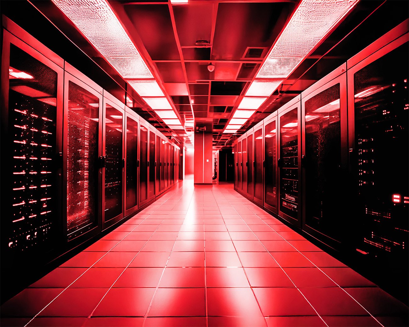 Een rood verlicht datacenter dat de macht en invloed van Big Tech symboliseert in een geopolitiek slagveld.