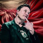 Elon Musk in een futuristisch landschap met rode texturen, verwijzend naar technocratie en machtstructuren.