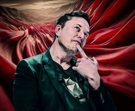 Elon Musk in een futuristisch landschap met rode texturen, verwijzend naar technocratie en machtstructuren.