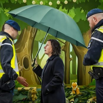 PVV-Minister Faber met paraplu tijdens grenscontroles, geflankeerd door marechaussees in een sprookjesbos met speelgoed en fantasiedecor.