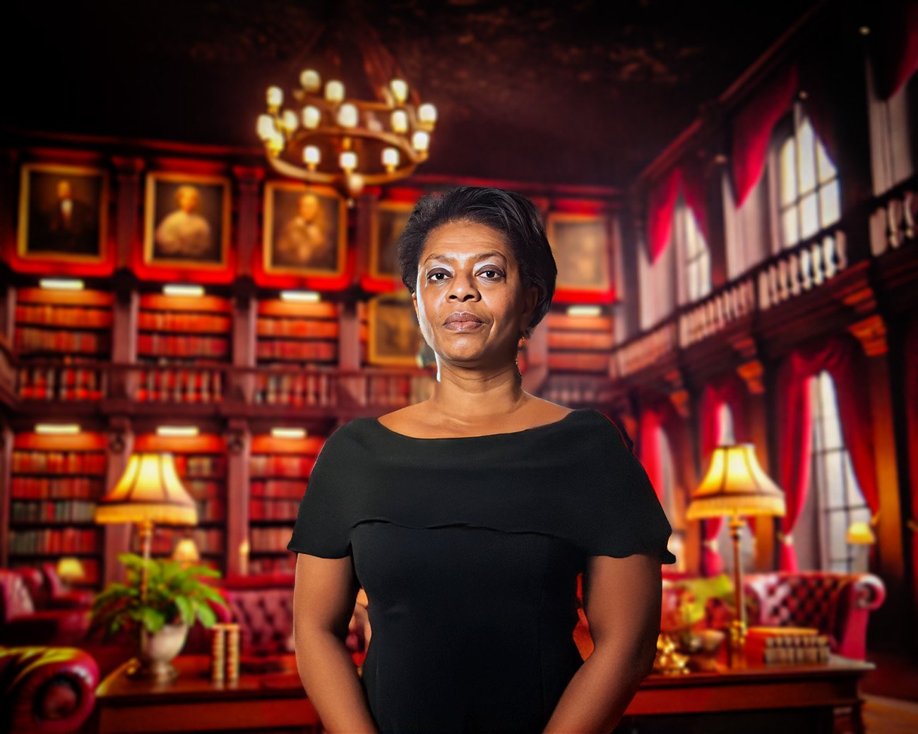 Joyce Sylvester, voorzitter van de Staatscommissie tegen Discriminatie en Racisme, in een klassieke bibliotheekomgeving.