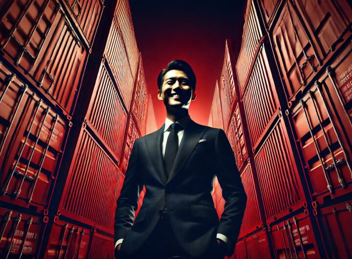 Een breed lachende Chinese zakenman in een donker pak, omringd door rode gestapelde containers, die economische kracht en mondiale invloed symboliseren.