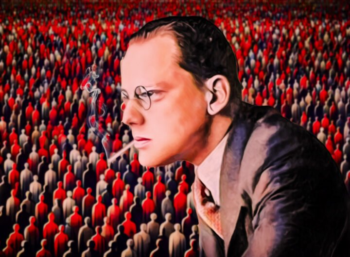 Menno ter Braak, schrijver en criticus, afgebeeld met een sigaret, tegen een achtergrond van een massale menigte, symbool voor zijn kritiek op massadenken.