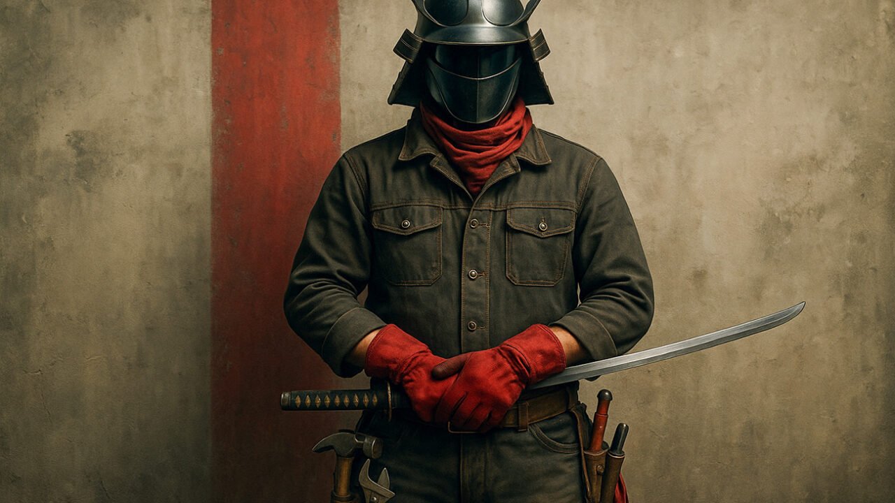 Moderne samurai in beschermende kleding met een zwaard in de hand en gereedschapsgordel.