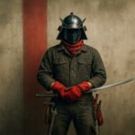 Moderne samurai in beschermende kleding met een zwaard in de hand en gereedschapsgordel.