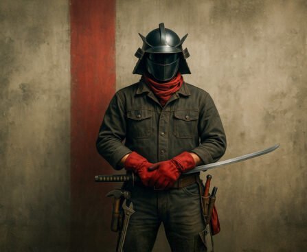 Moderne samurai in beschermende kleding met een zwaard in de hand en gereedschapsgordel.