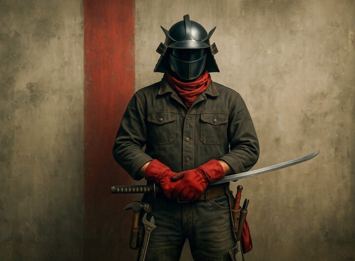 Moderne samurai in beschermende kleding met een zwaard in de hand en gereedschapsgordel.