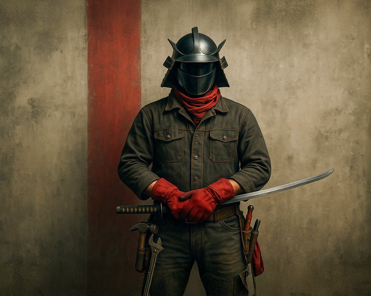 Moderne samurai in beschermende kleding met een zwaard in de hand en gereedschapsgordel.