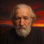 Noam Chomsky kijkt ernstig terwijl de zon ondergaat boven een open landschap