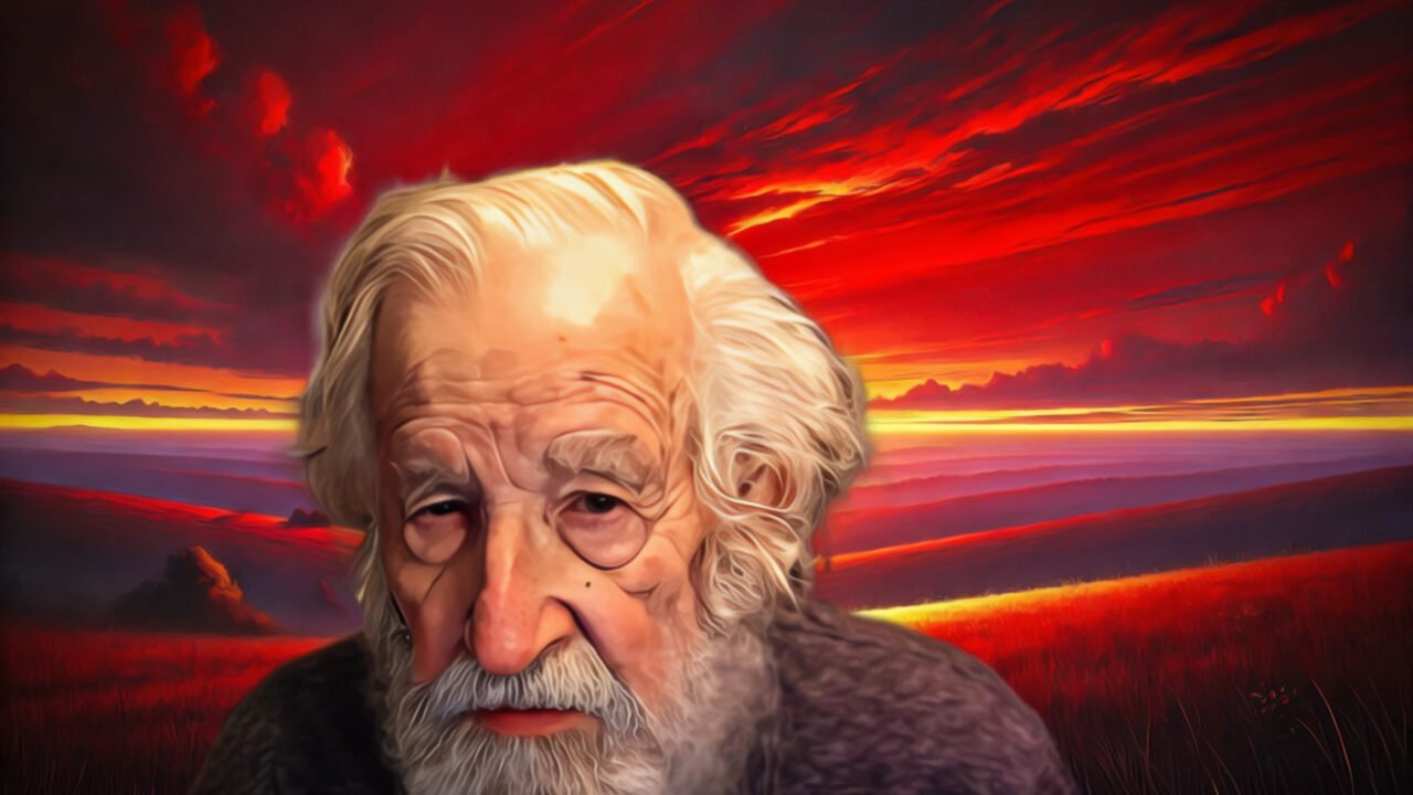 Portret van Noam Chomsky tegen een dramatische rode zonsondergang, symbool voor zijn waarschuwing over de klimaatcrisis en ethische verantwoordelijkheid.