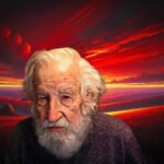 Portret van Noam Chomsky tegen een dramatische rode zonsondergang, symbool voor zijn waarschuwing over de klimaatcrisis en ethische verantwoordelijkheid.