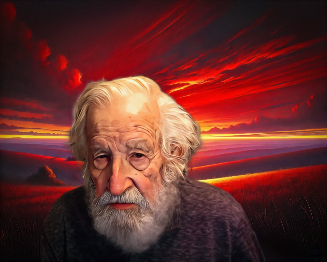 Portret van Noam Chomsky tegen een dramatische rode zonsondergang, symbool voor zijn waarschuwing over de klimaatcrisis en ethische verantwoordelijkheid.