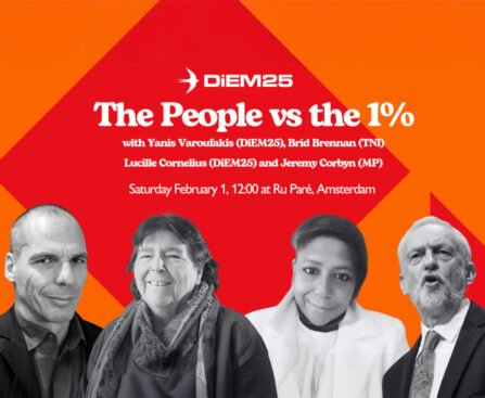 Aankondiging van het evenement “The People vs the 1%” in Amsterdam, met Yanis Varoufakis, Brid Brennan, Lucille Cornelius en Jeremy Corbyn, georganiseerd door DiEM25.